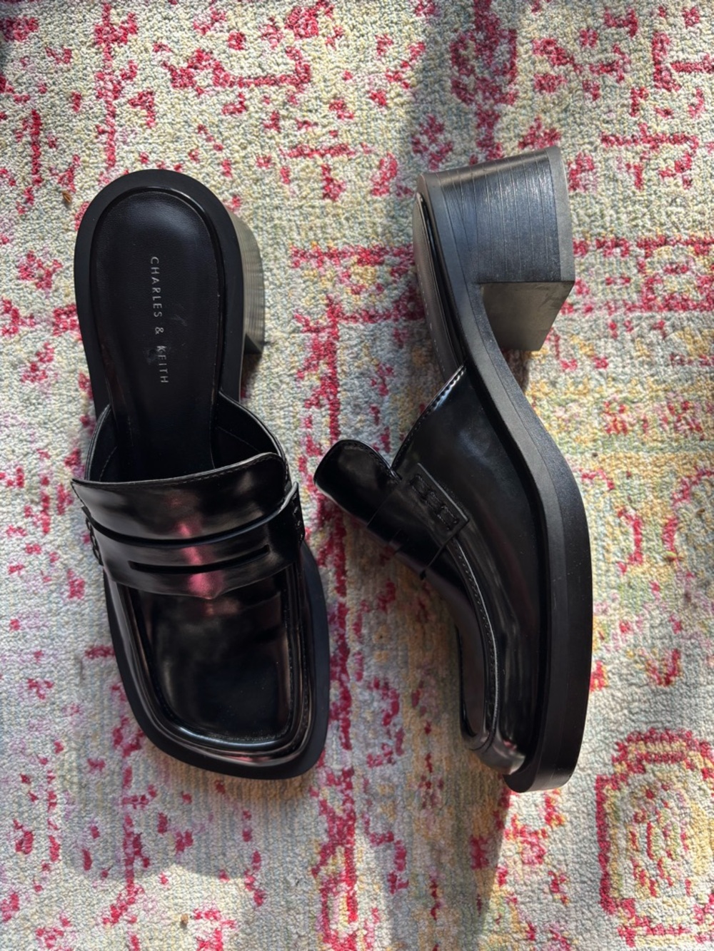 Charles & Keith Glossy Black Block Heel Mule Loafers